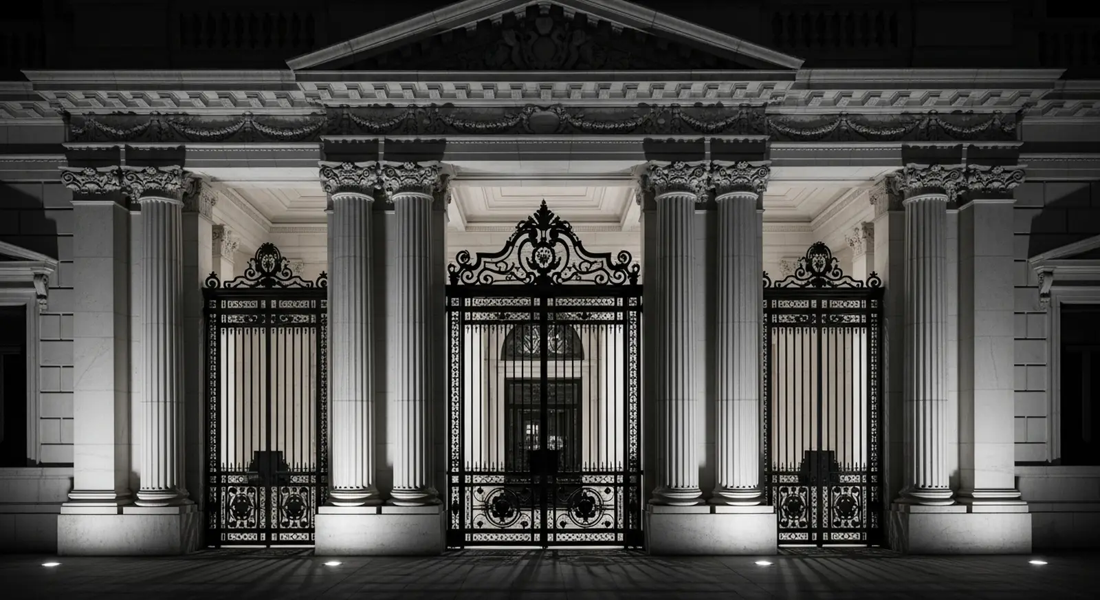 Embassy entrance secured at night