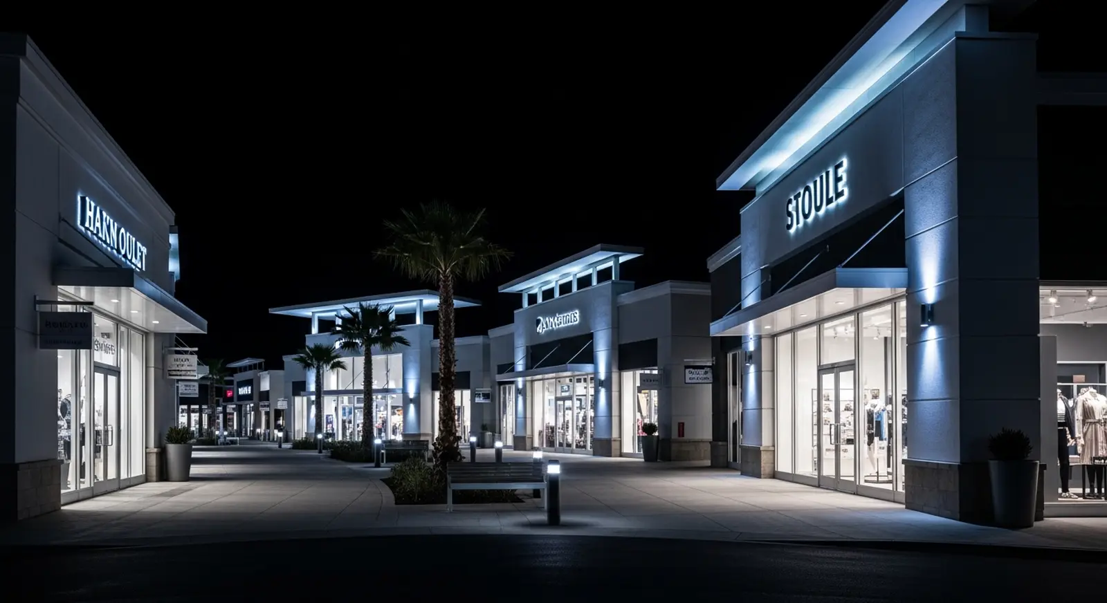 Shopping center storefronts at night