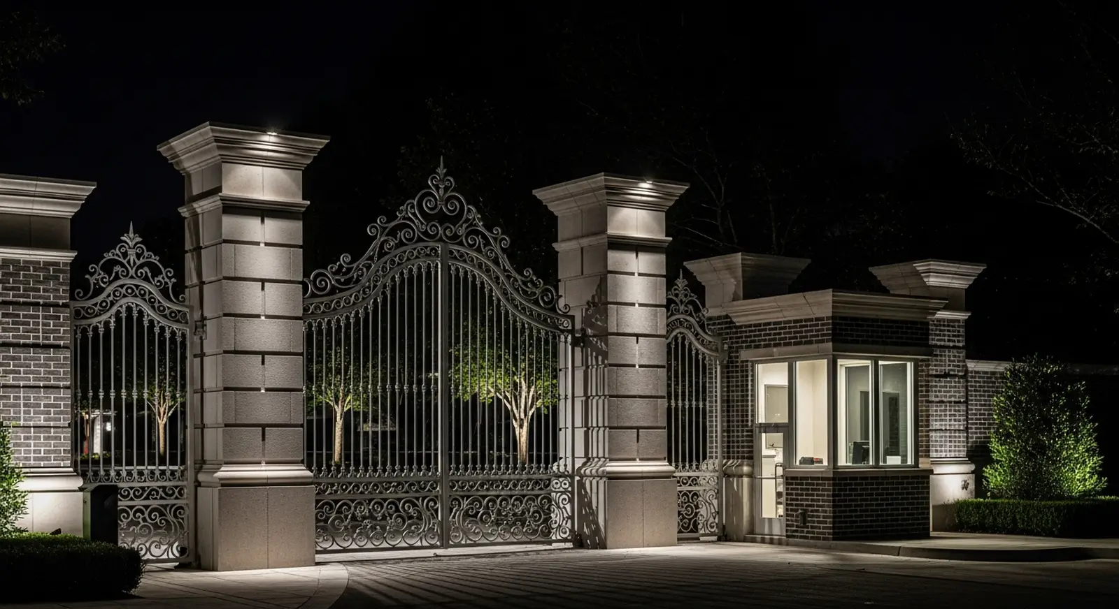 Gated apartment community entrance at night
