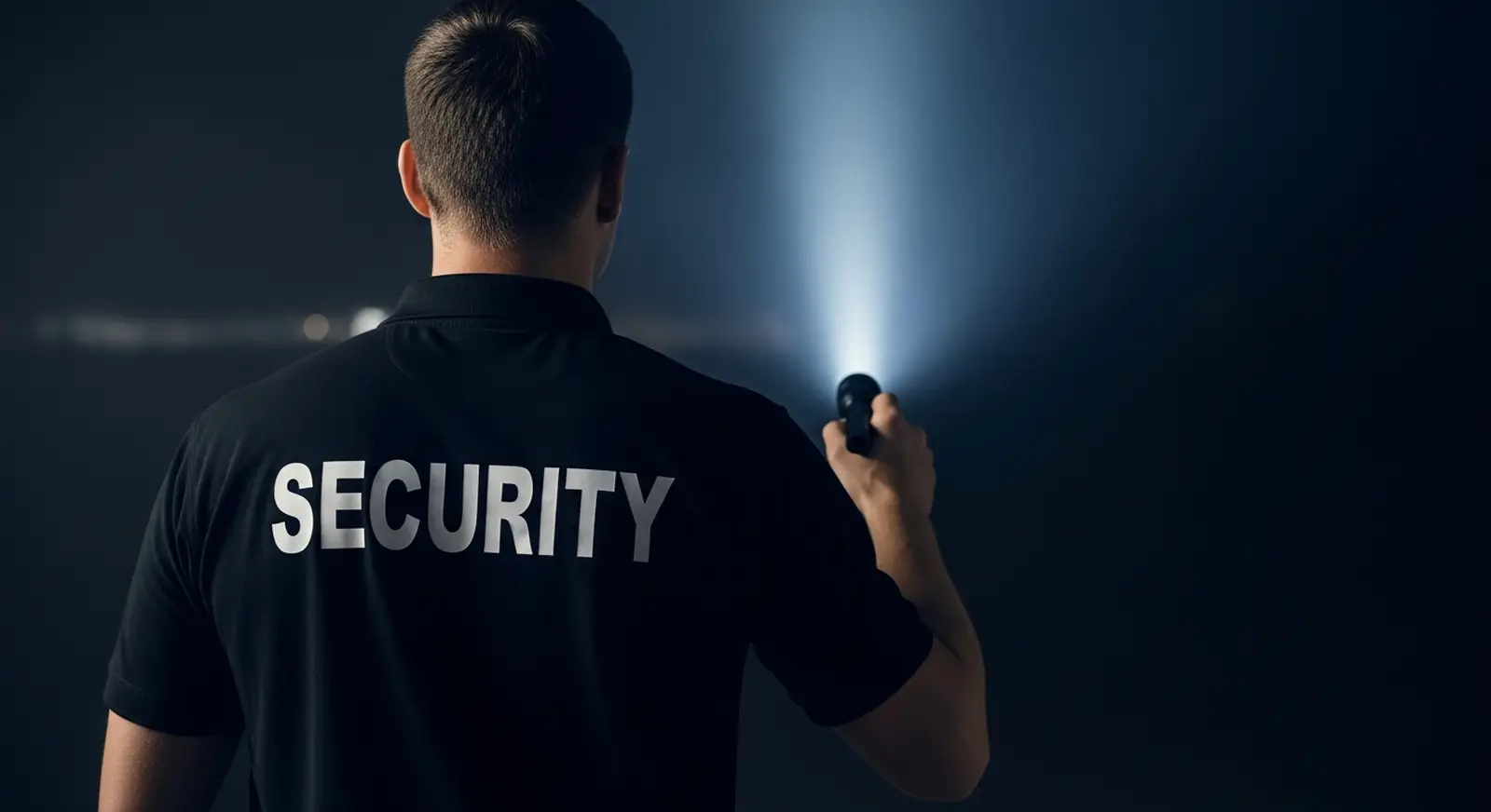 Unarmed security officer with flashlight on patrol